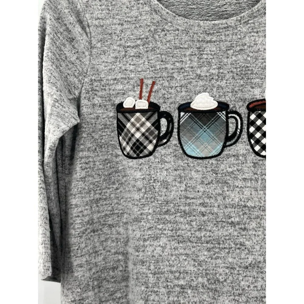 Cactus + Pearl Sweater Hi Low Women’s Medium Embroidery Grey Coffee Hot Cocoa